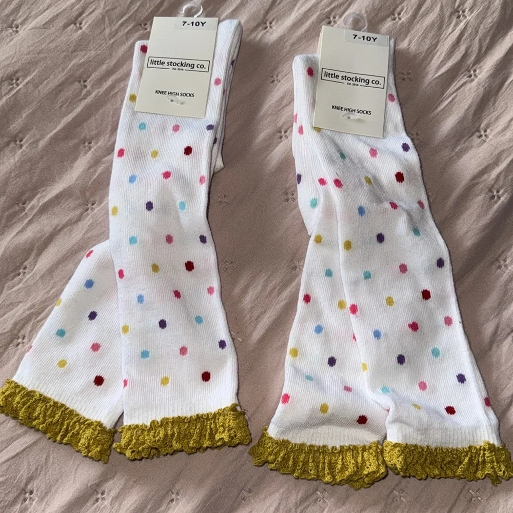 Bundle of 2 white dotted high knee lace socks